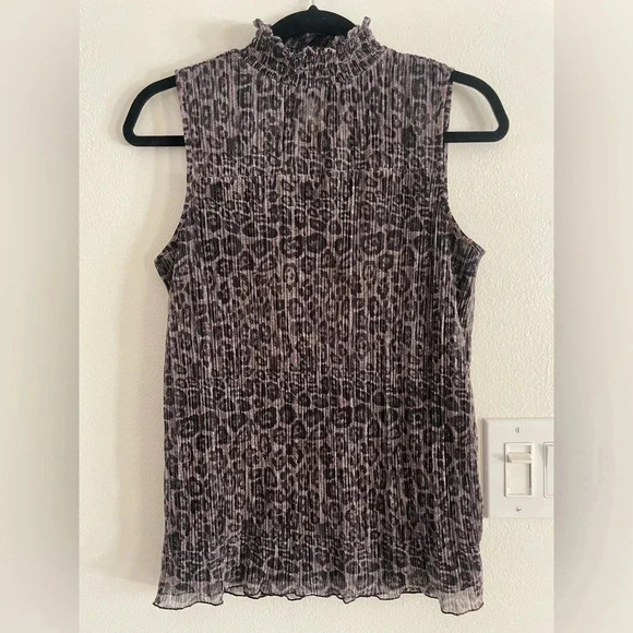 Adrianna Papell Pleated Mock Neck Sparkle Leopard Print Sleeveless Top Small - Picture 1 of 6